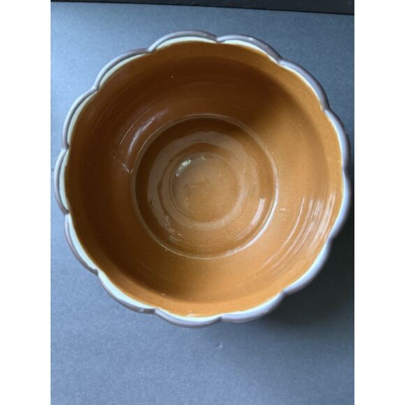Vintage Stoneware Pottery Ruffle Bowl Brown Beige Glazed Scalloped Handcrafted - Picture 3 of 10